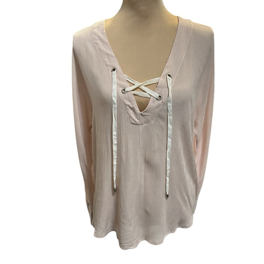 Olivaceous Micro Striped, V-Neck, Tie Lace Front, Long Sleeve Blouse Size M  NWT